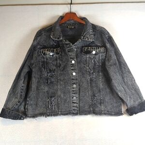 KROIX Womens Black Distressed Rhinestone Denim‎ Jacket Size 2X